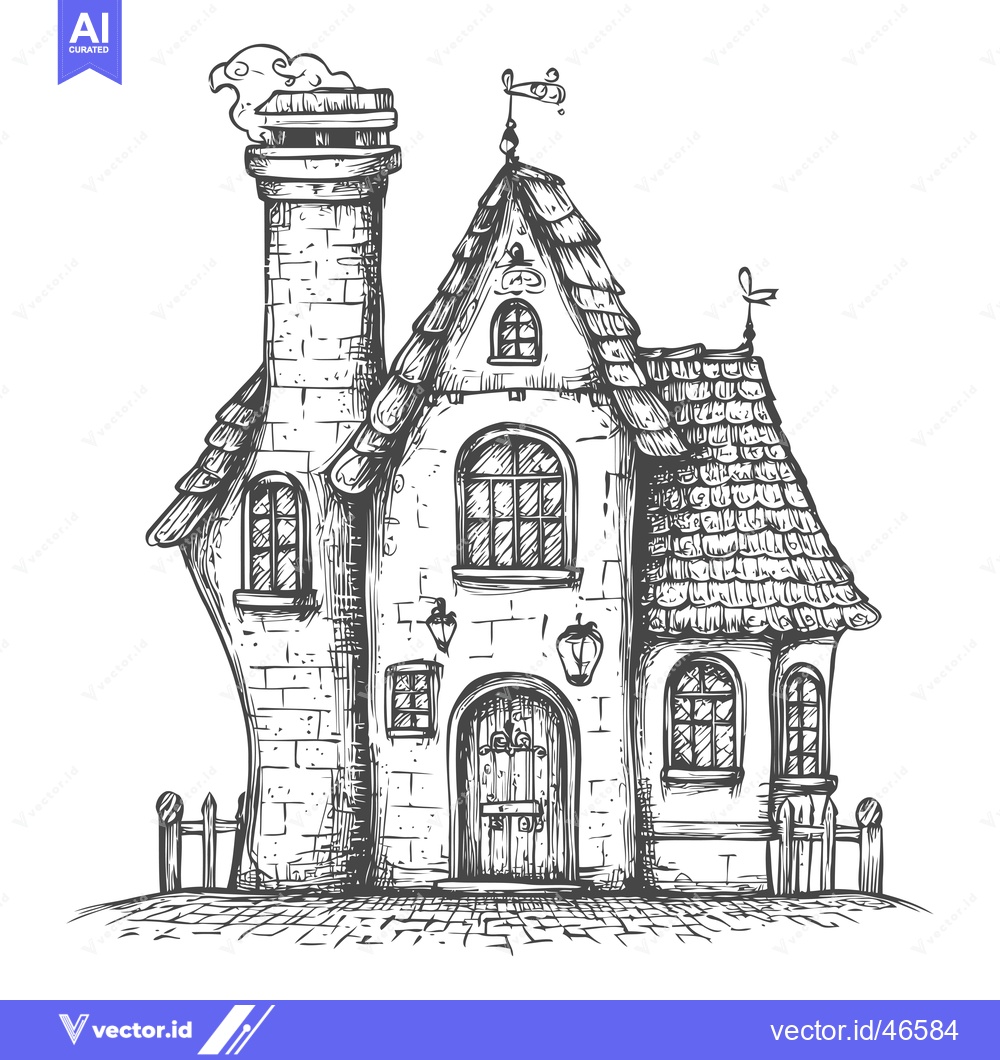 Premium Vector dari Hand-drawn Sketch of a Charming Old Cottage with a Tall Chimney and a