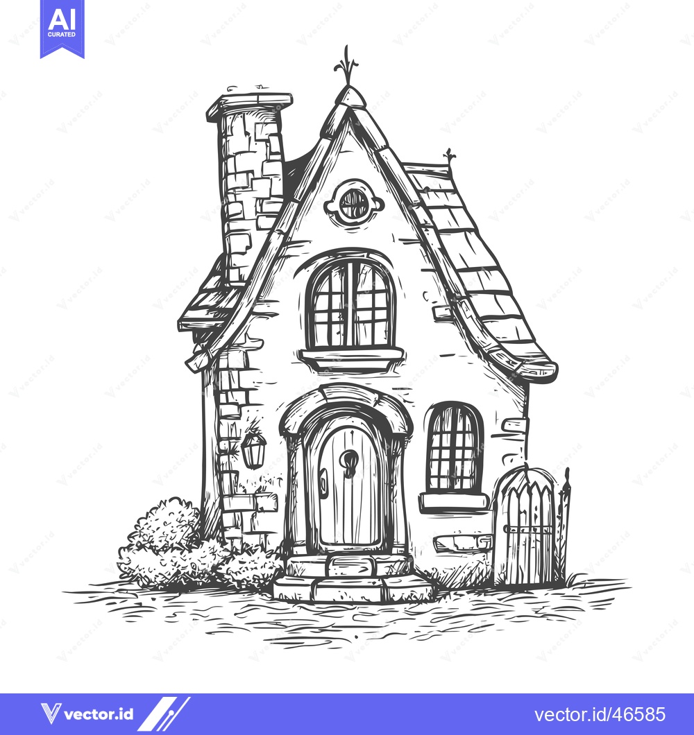 Premium Vector dari Hand-drawn sketch of a charming stone cottage with a peaked roof, chim