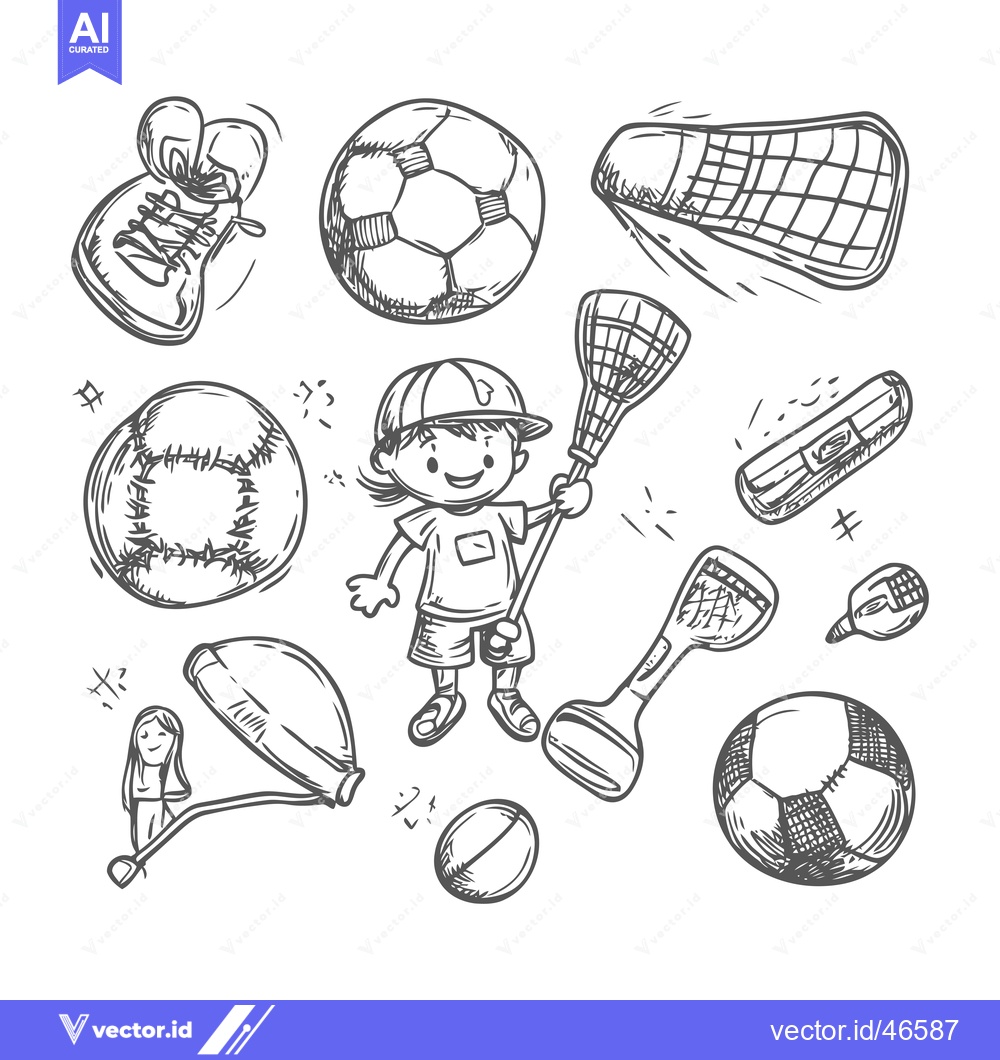 Premium Vector dari Hand-Drawn Sketch of a Child Surrounded by Various Sports Equipment