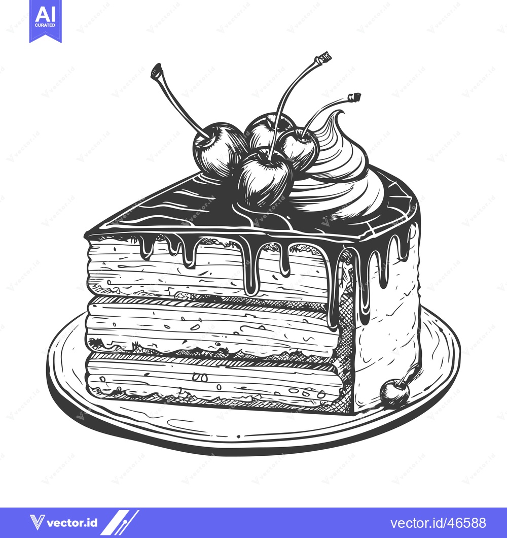 Premium Vector dari Hand-drawn sketch of a chocolate cake slice with cherries and whipped