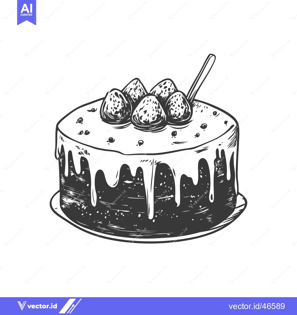 Premium Vector of Hand-Drawn Sketch of a Chocolate Cake with Strawberry Toppings and Dri