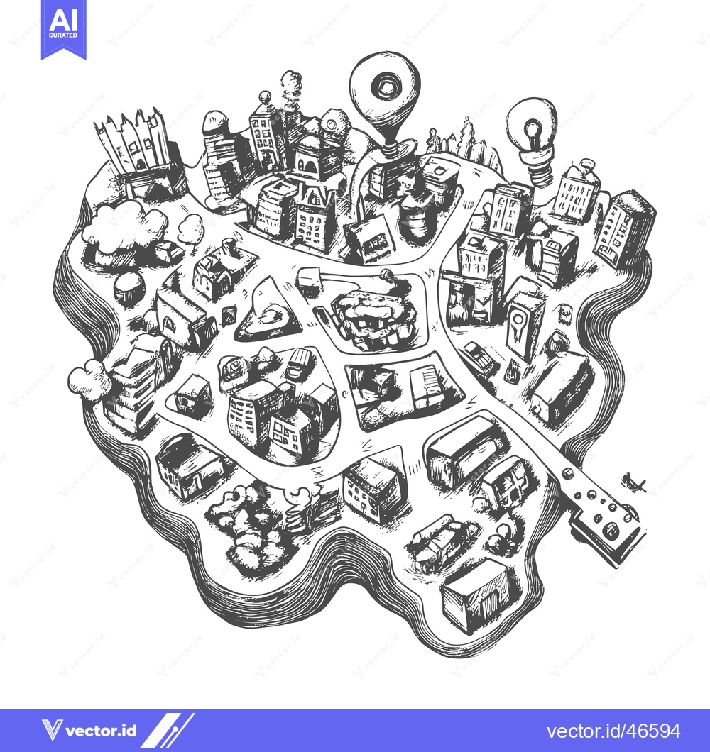 Premium Vector dari Hand-drawn Sketch of a Cityscape with Buildings and a Light Bulb