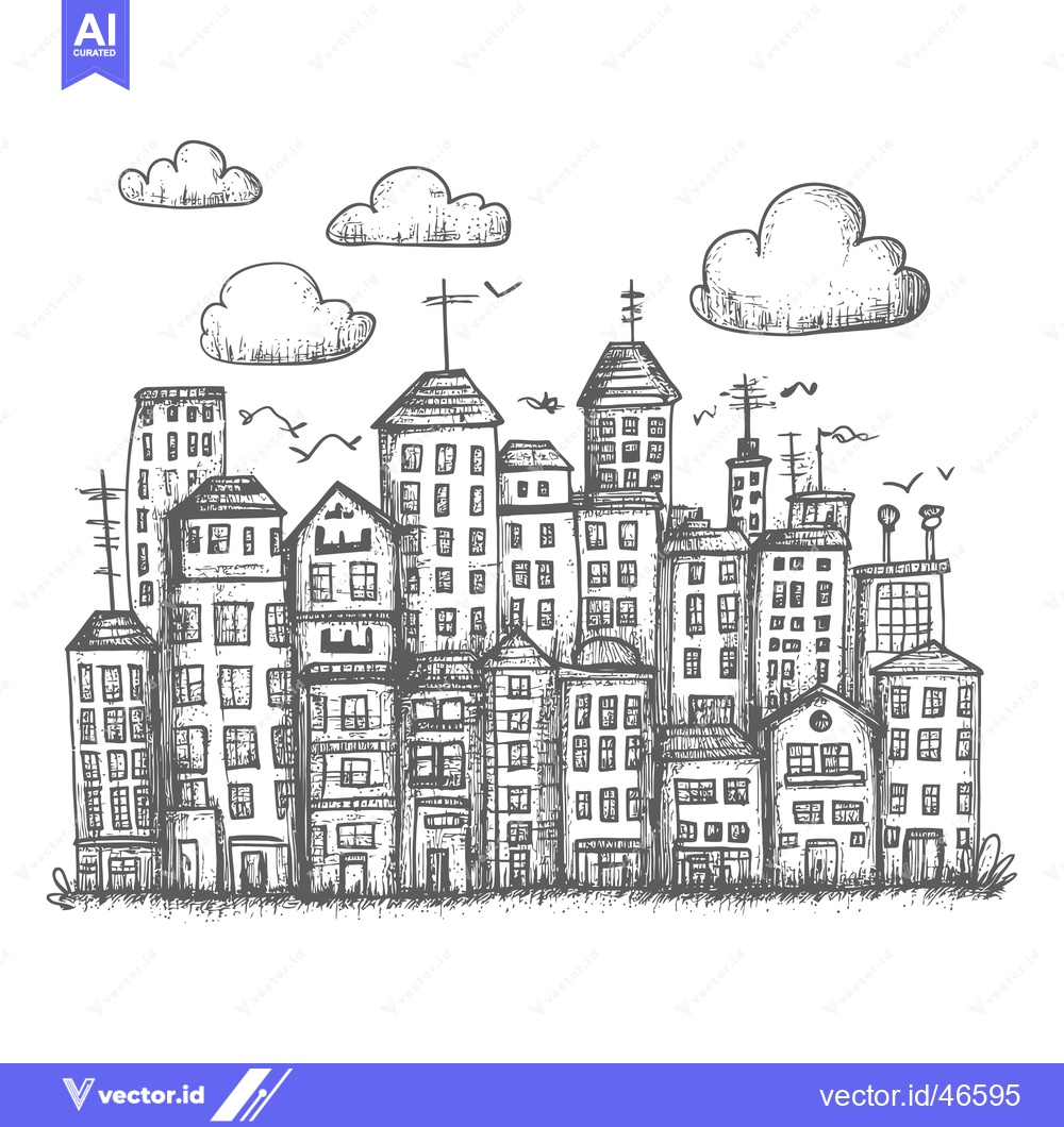 Premium Vector dari Hand-Drawn Sketch of a Cityscape with Buildings and Clouds