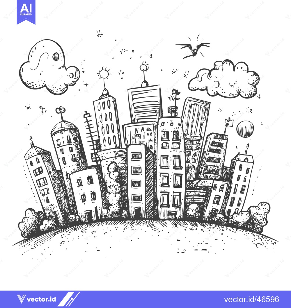 Premium Vector of Hand-drawn Sketch of a Cityscape with Buildings, Clouds, and a Flying