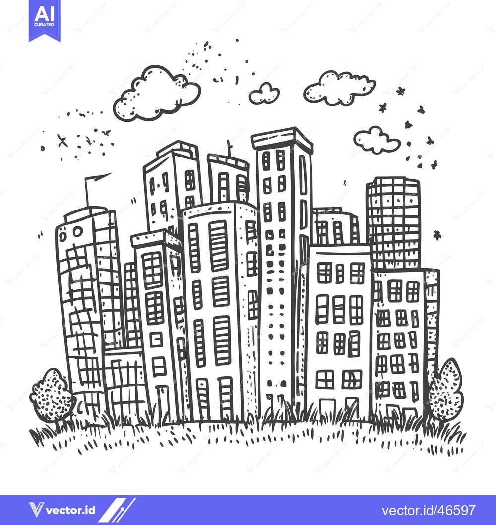 Premium Vector dari Hand-Drawn Sketch of a Cityscape with Buildings, Clouds, and Grass