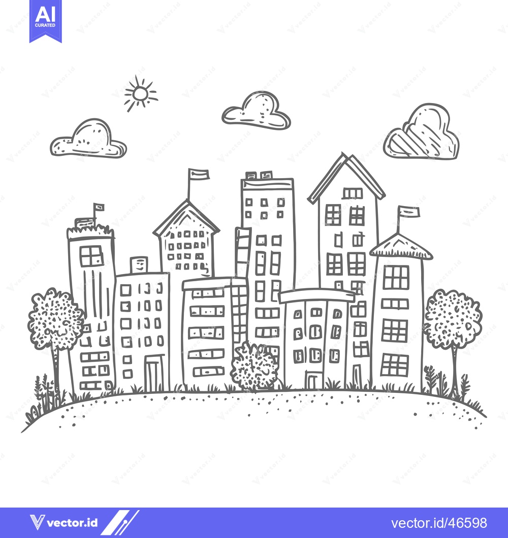 Premium Vector of Hand-Drawn Sketch of a Cityscape with Buildings, Trees, and Clouds