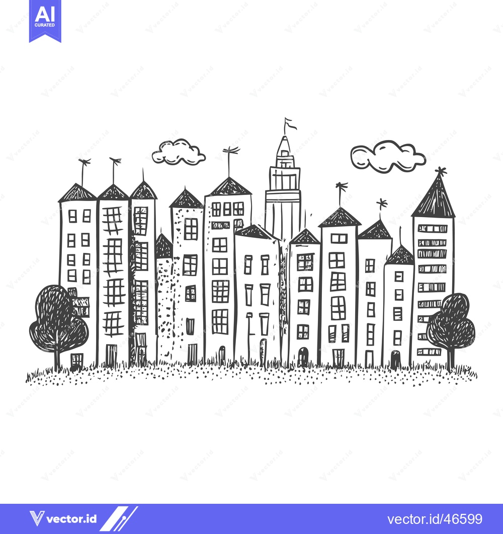 Premium Vector dari Hand-Drawn Sketch of a Cityscape with Buildings, Trees, and Clouds