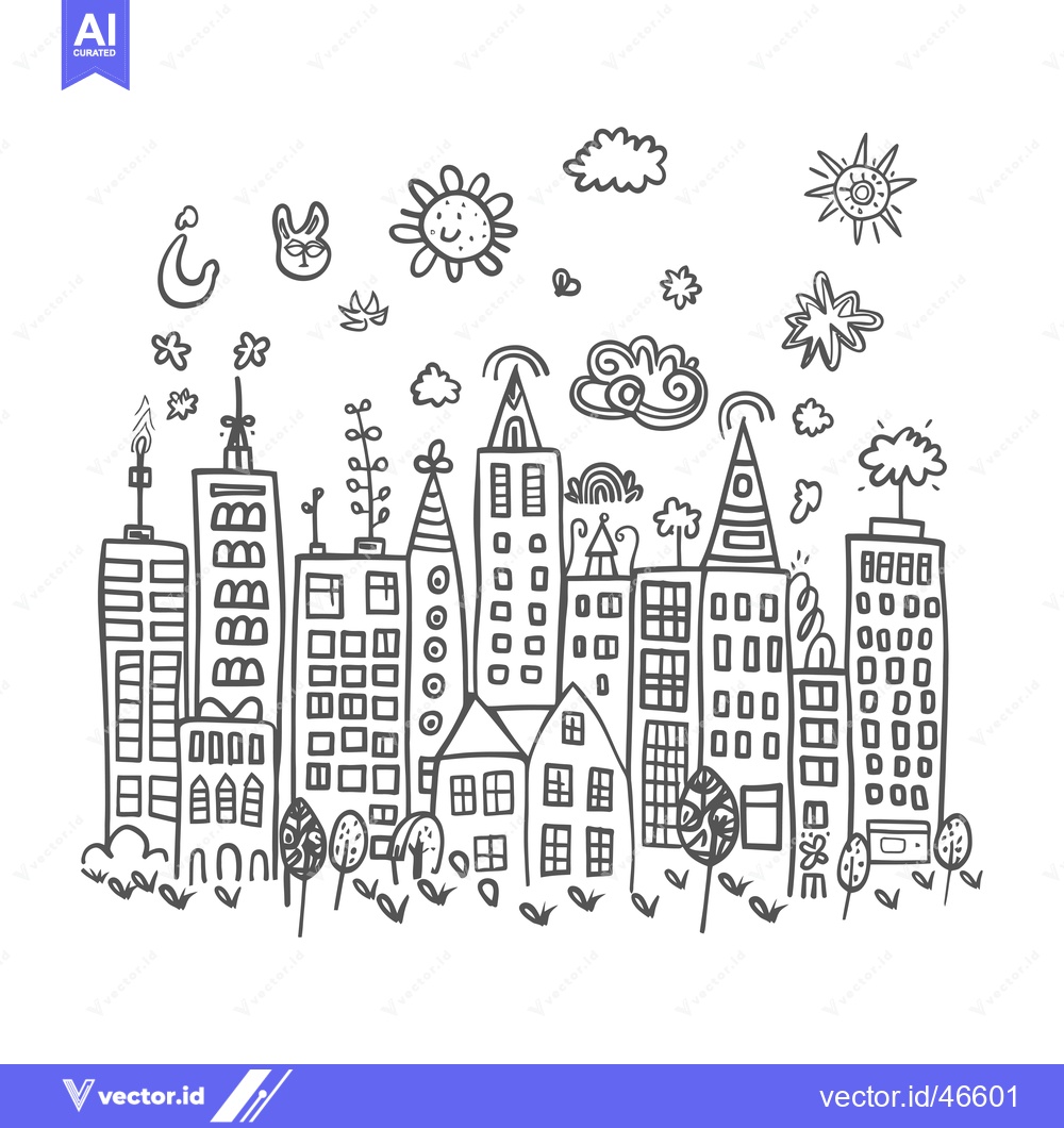 Premium Vector dari Hand-Drawn Sketch of a Cityscape with Simple Buildings, Sun, and Cloud