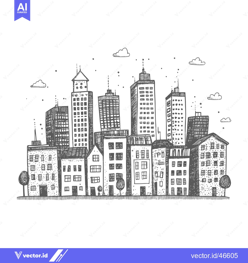 Premium Vector dari Hand-Drawn Sketch of a City Skyline with Buildings and Trees