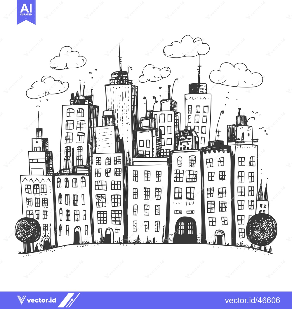 Premium Vector dari Hand-drawn sketch of a city skyline with buildings, trees, and clouds