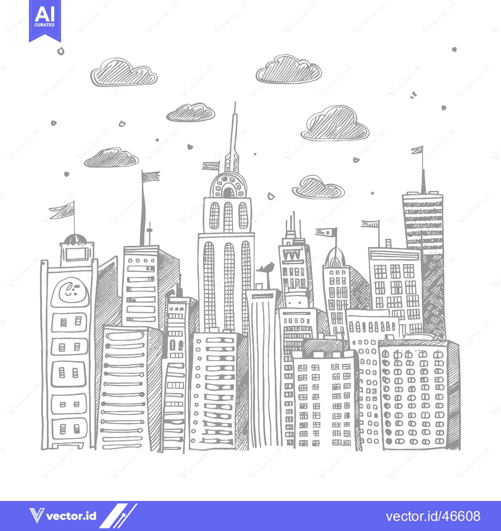 Premium Vector dari Hand-drawn Sketch of a City Skyline with Clouds