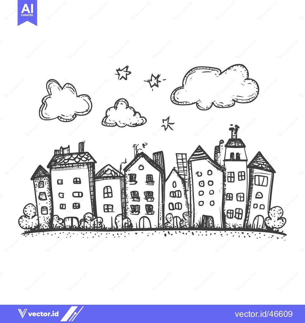Premium Vector dari Hand-drawn sketch of a city skyline with clouds and stars