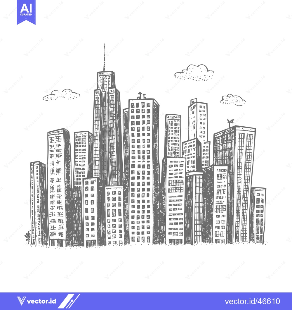 Premium Vector of Hand-drawn sketch of a city skyline with tall buildings and clouds
