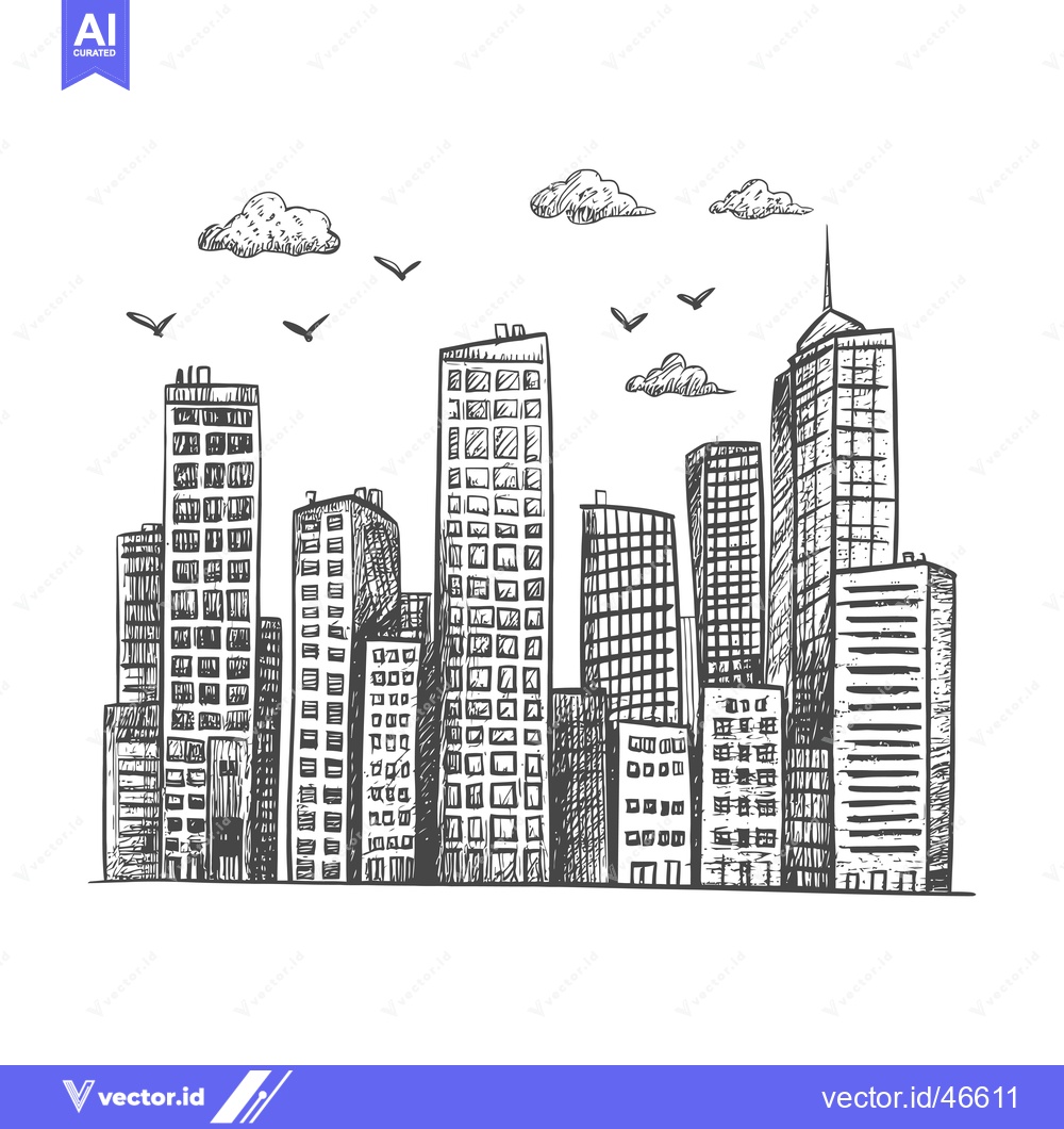 Premium Vector of Hand-drawn sketch of a city skyline with tall buildings and clouds