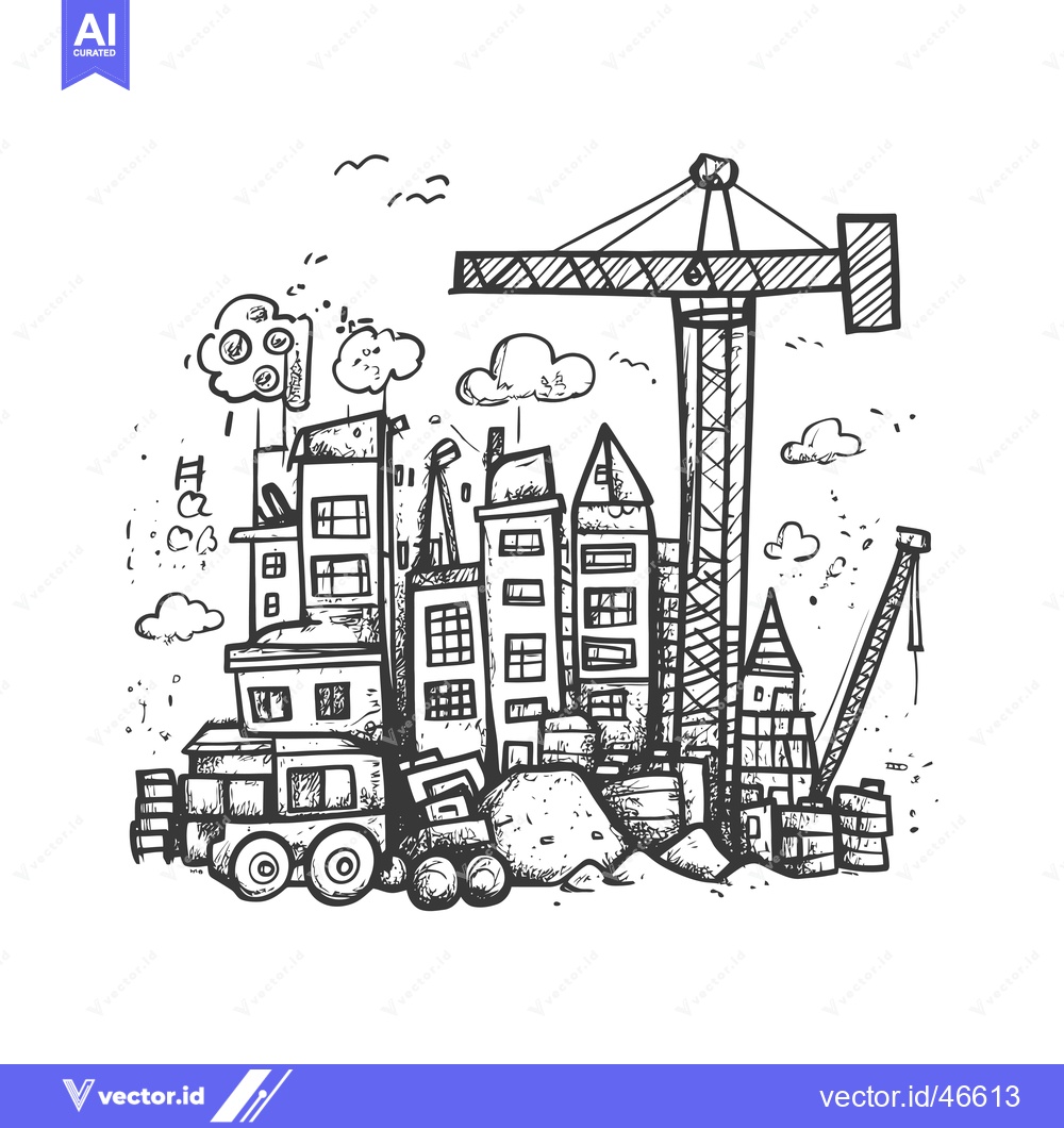 Premium Vector dari Hand-Drawn Sketch of a City Under Construction with Cranes and Buildin