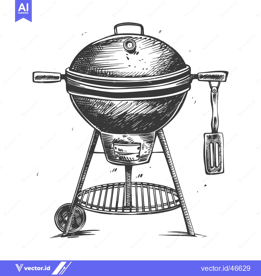 Premium Vector dari Hand-drawn Sketch of a Classic Round Grill with a Spatula