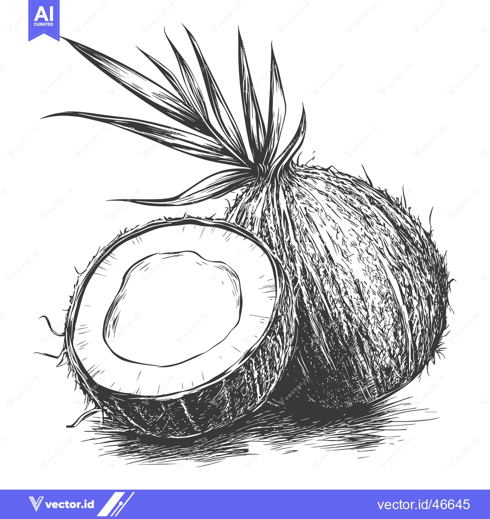 Premium Vector of Hand-Drawn Sketch of a Coconut with its Husk and a Half Cut Open