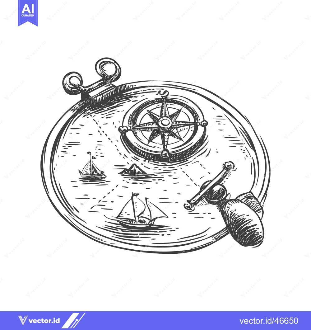 Premium Vector of Hand-Drawn Sketch of a Compass with Sailing Ships and Sea