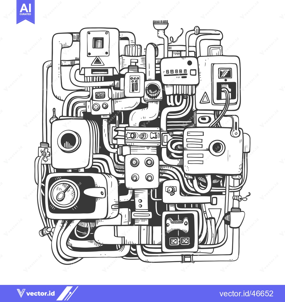 Premium Vector dari Hand-Drawn Sketch of a Complex Interconnected Machine with Various Com