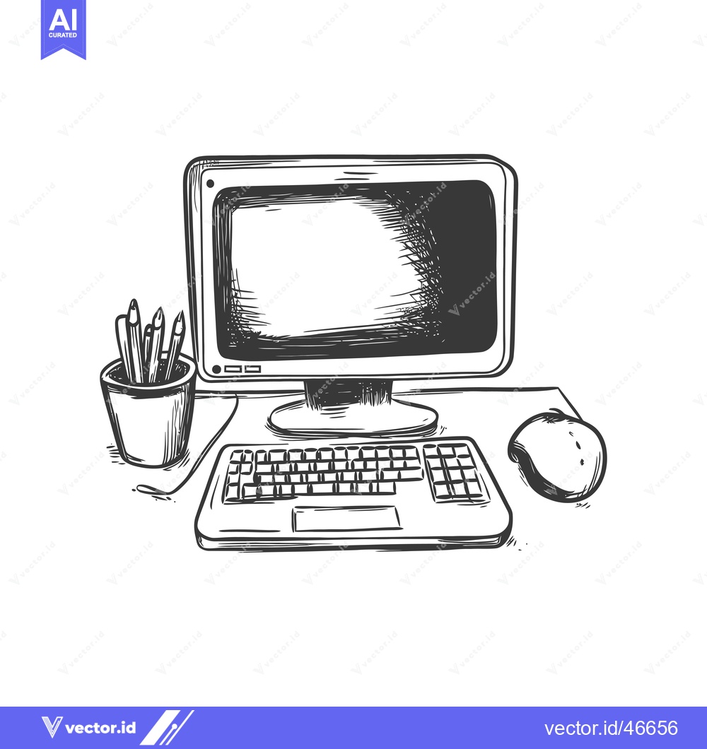 Premium Vector dari Hand-drawn Sketch of a Computer with Pencils in a Cup