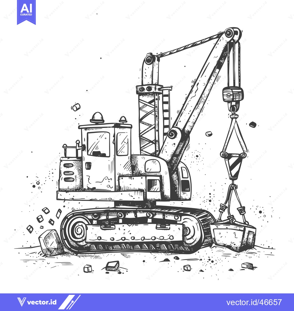 Premium Vector of Hand-Drawn Sketch of a Construction Crane Lifting a Large Rock