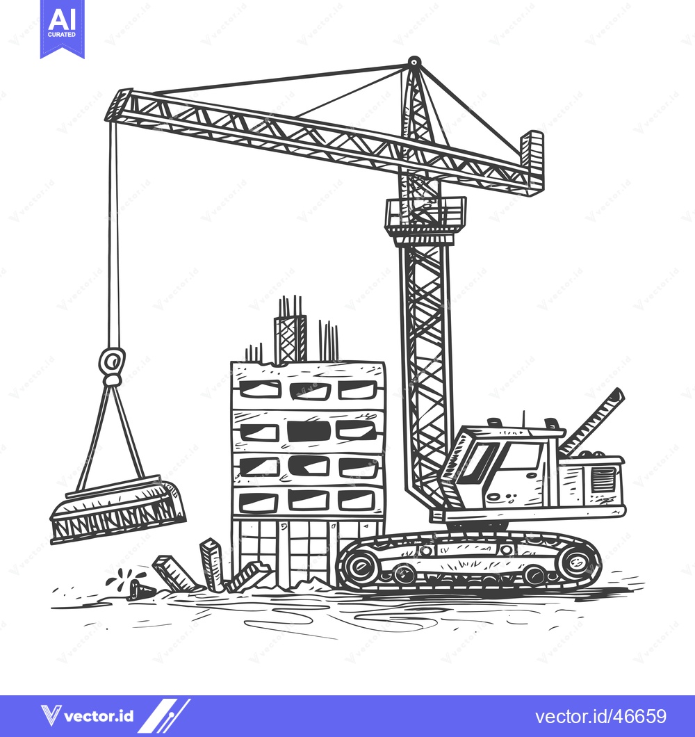Premium Vector of Hand-Drawn Sketch of a Construction Crane Lifting Bricks to Build a Bu