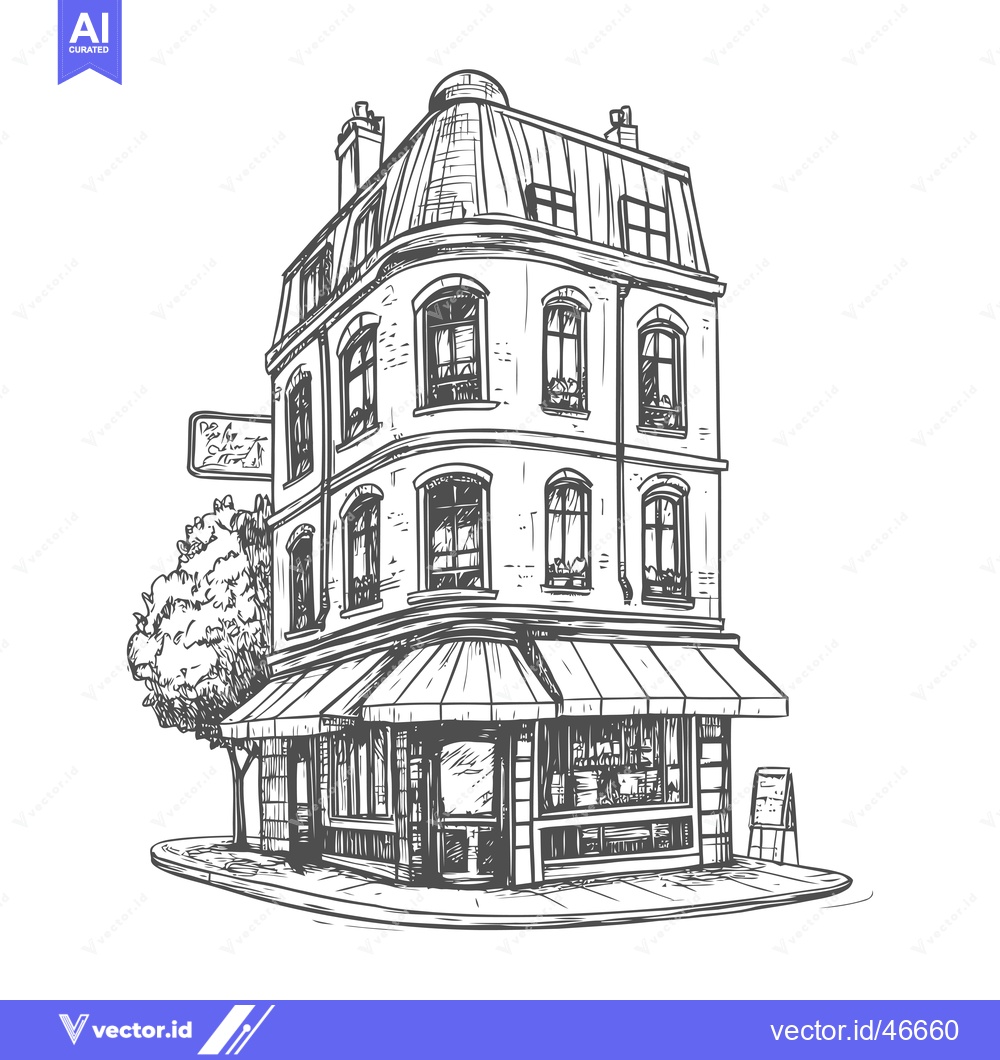 Premium Vector dari Hand-Drawn Sketch of a Corner Building with a Store Front and Awning