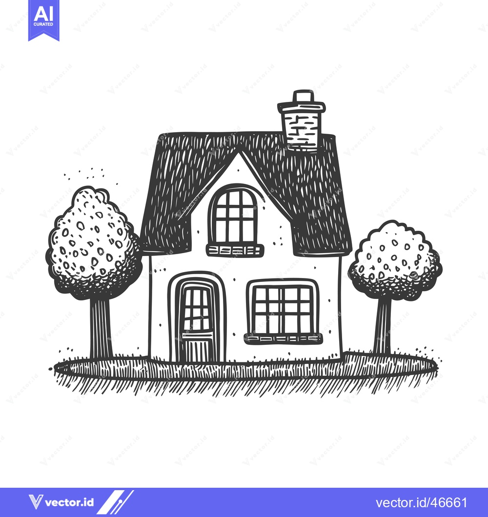 Premium Vector dari Hand-drawn sketch of a cottage with a chimney and two trees