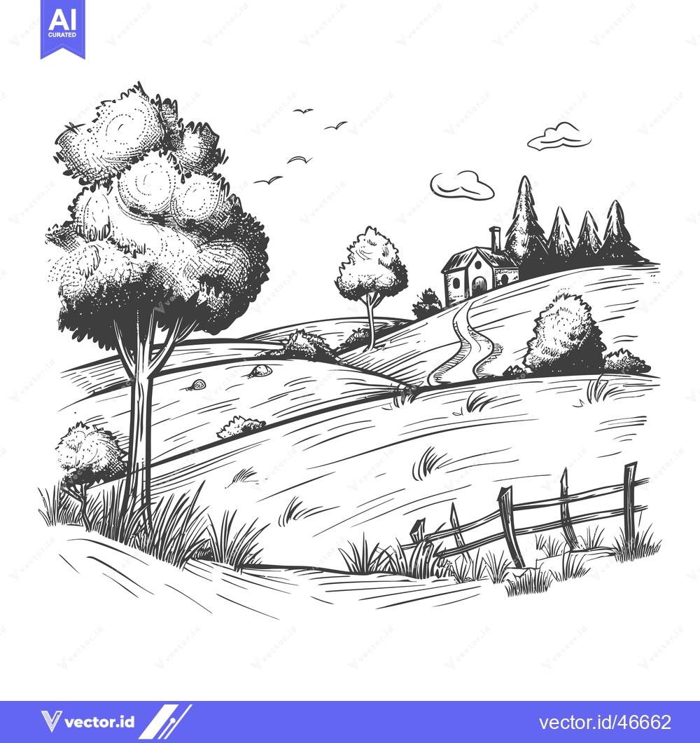 Premium Vector dari Hand-drawn sketch of a countryside scene with a small house, trees, a
