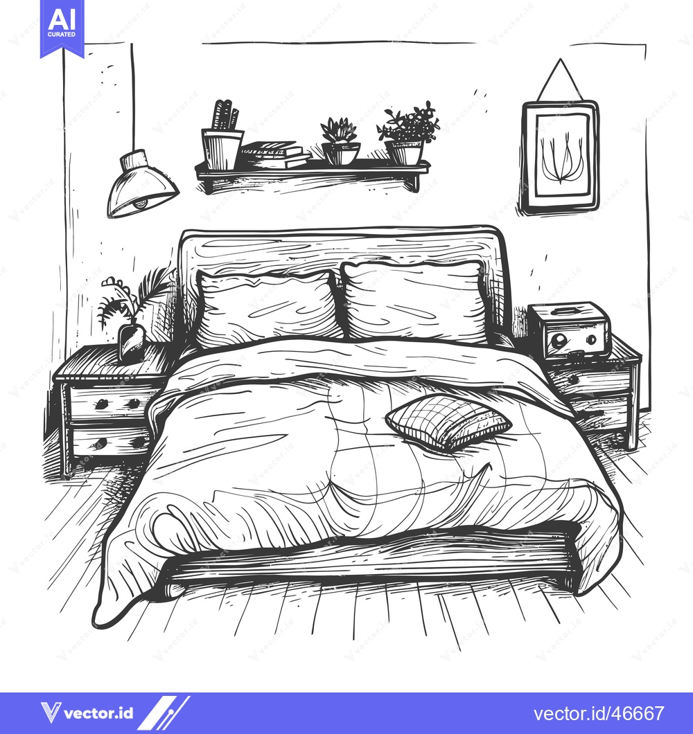 Premium Vector of Hand-Drawn Sketch of a Cozy Bedroom with a Bed, Nightstand, and Plants