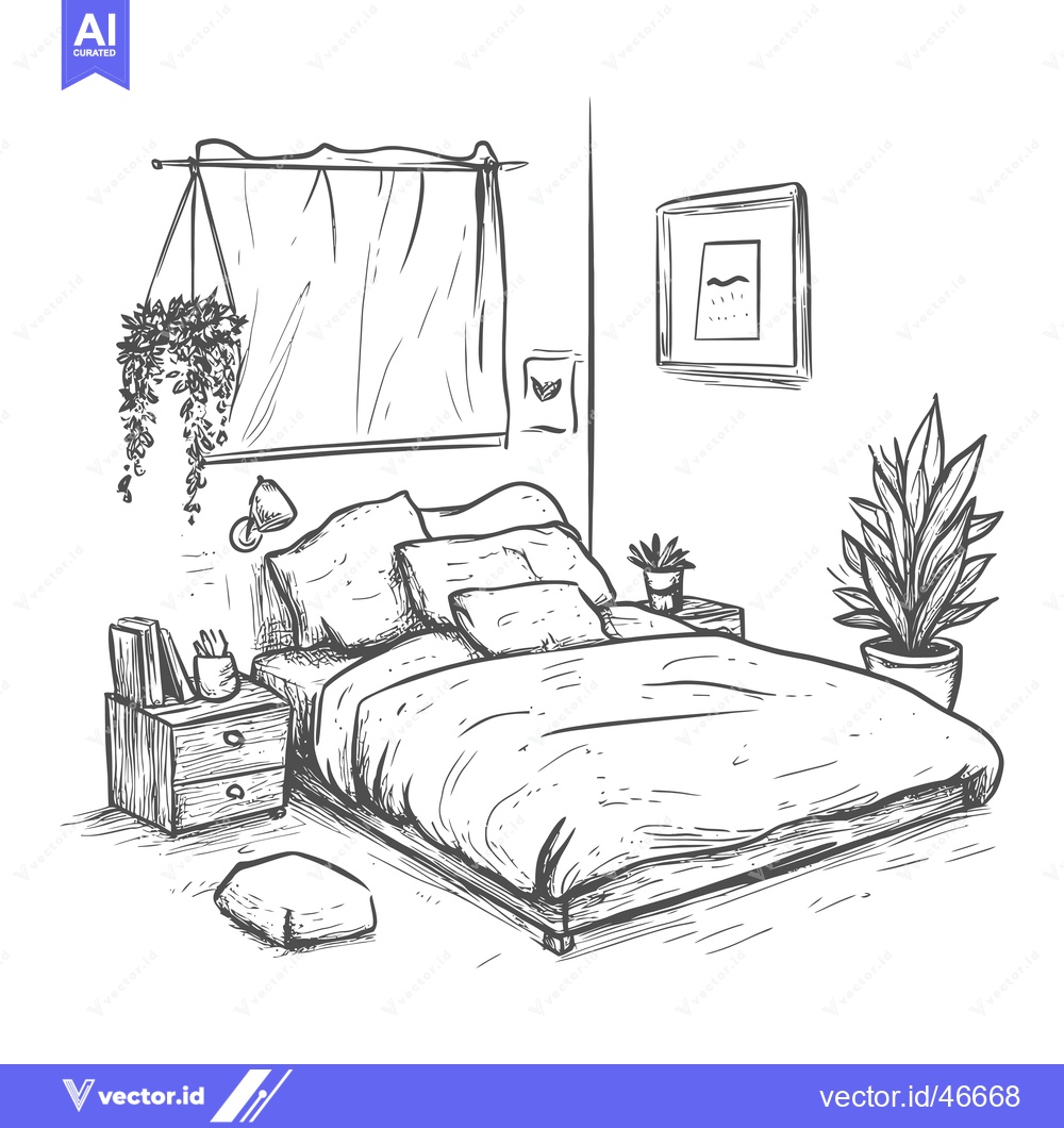 Premium Vector dari Hand-drawn Sketch of a Cozy Bedroom with a Bed, Nightstand, and Plants