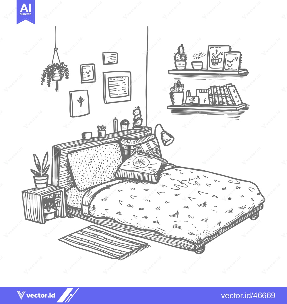 Premium Vector dari Hand-drawn Sketch of a Cozy Bedroom with a Bed, Plants, and Books
