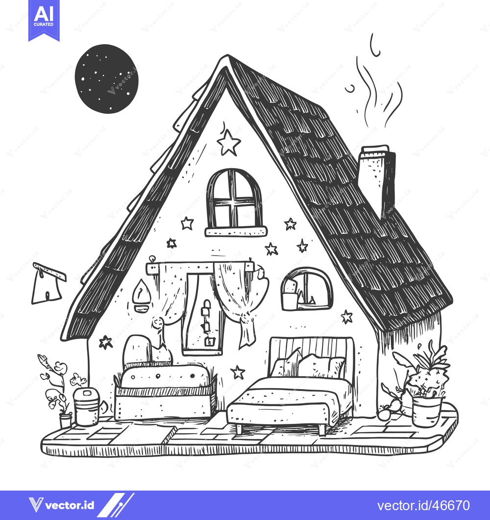 Premium Vector dari Hand-Drawn Sketch of a Cozy Cottage with a Bed and Night Sky