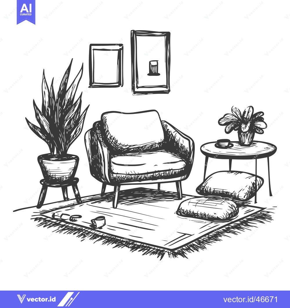 Premium Vector of Hand-Drawn Sketch of a Cozy Living Room Corner with an Armchair, Plant