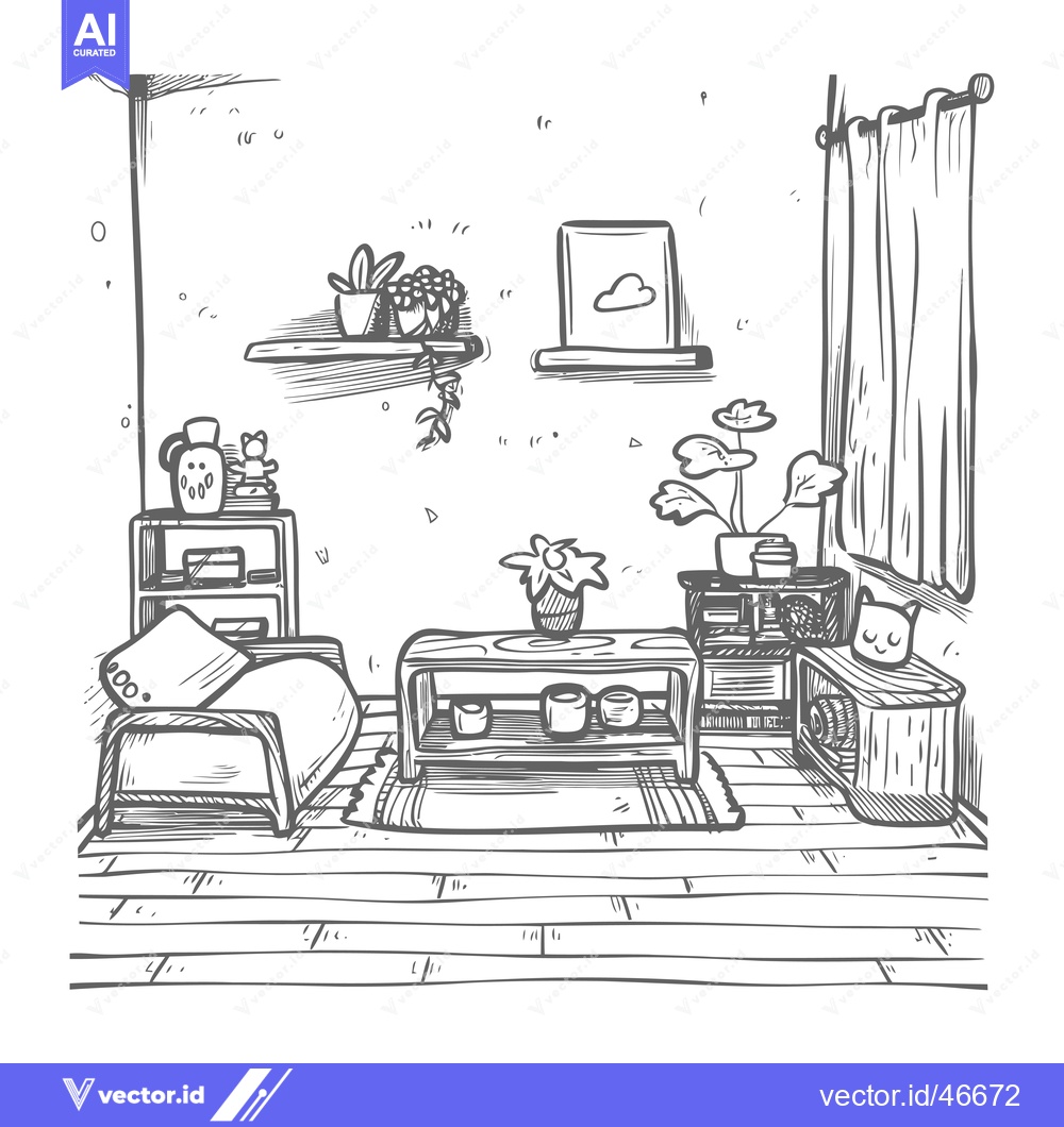Premium Vector dari Hand-Drawn Sketch of a Cozy Living Room Interior with Furniture and Pl