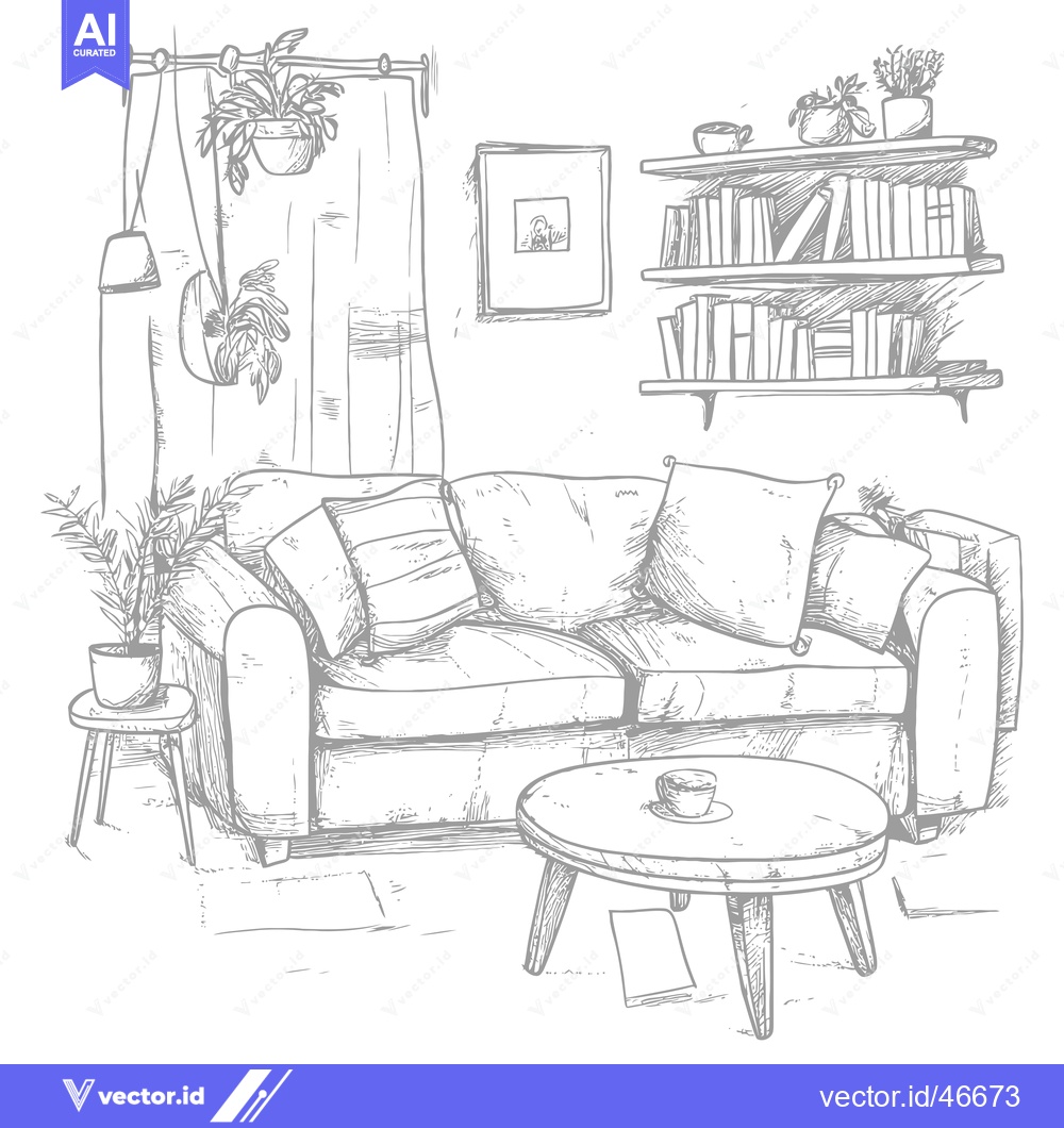 Premium Vector of Hand-Drawn Sketch of a Cozy Living Room with a Couch, Coffee Table, an