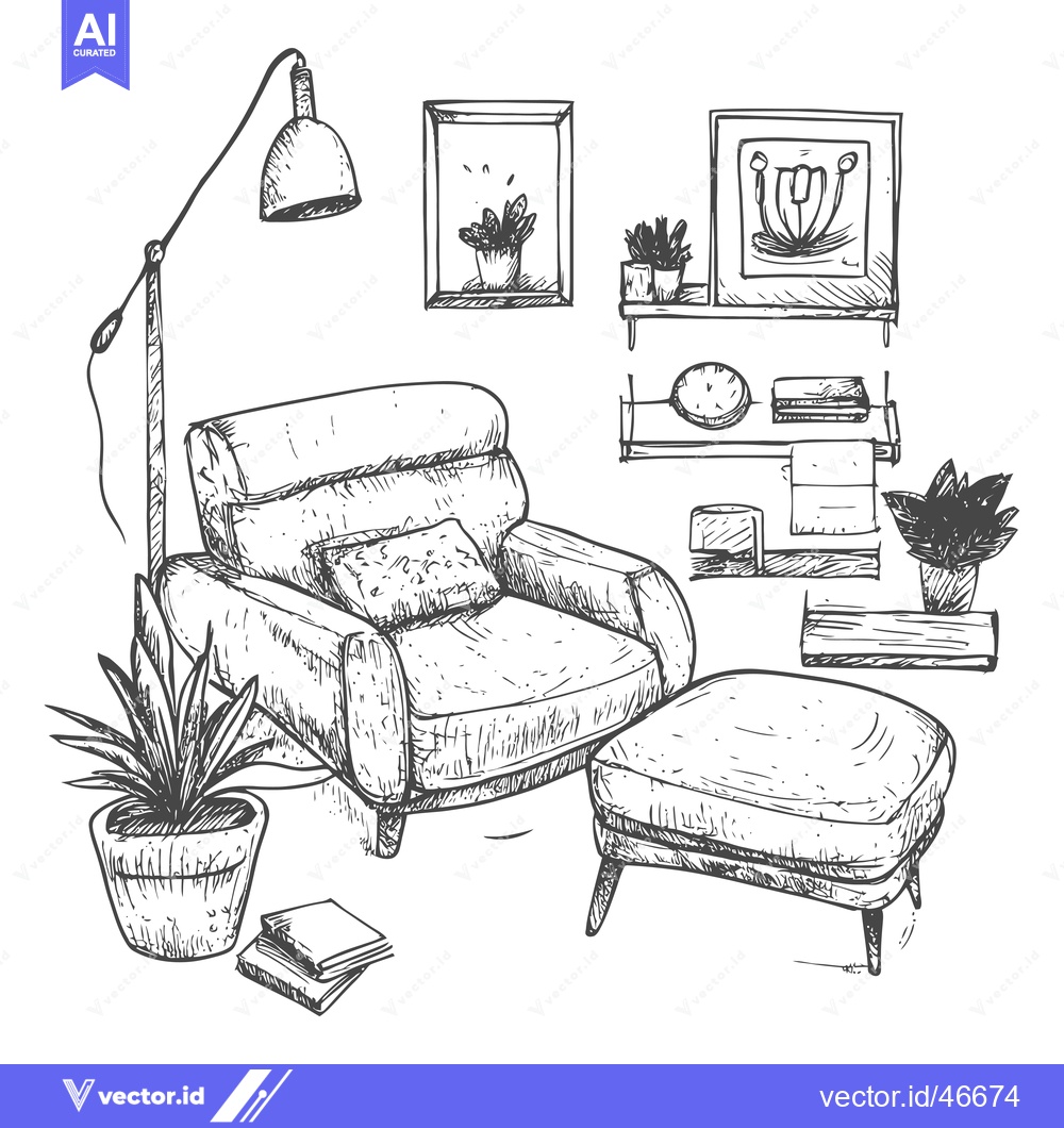Premium Vector dari Hand-Drawn Sketch of a Cozy Living Room with an Armchair and Footstool