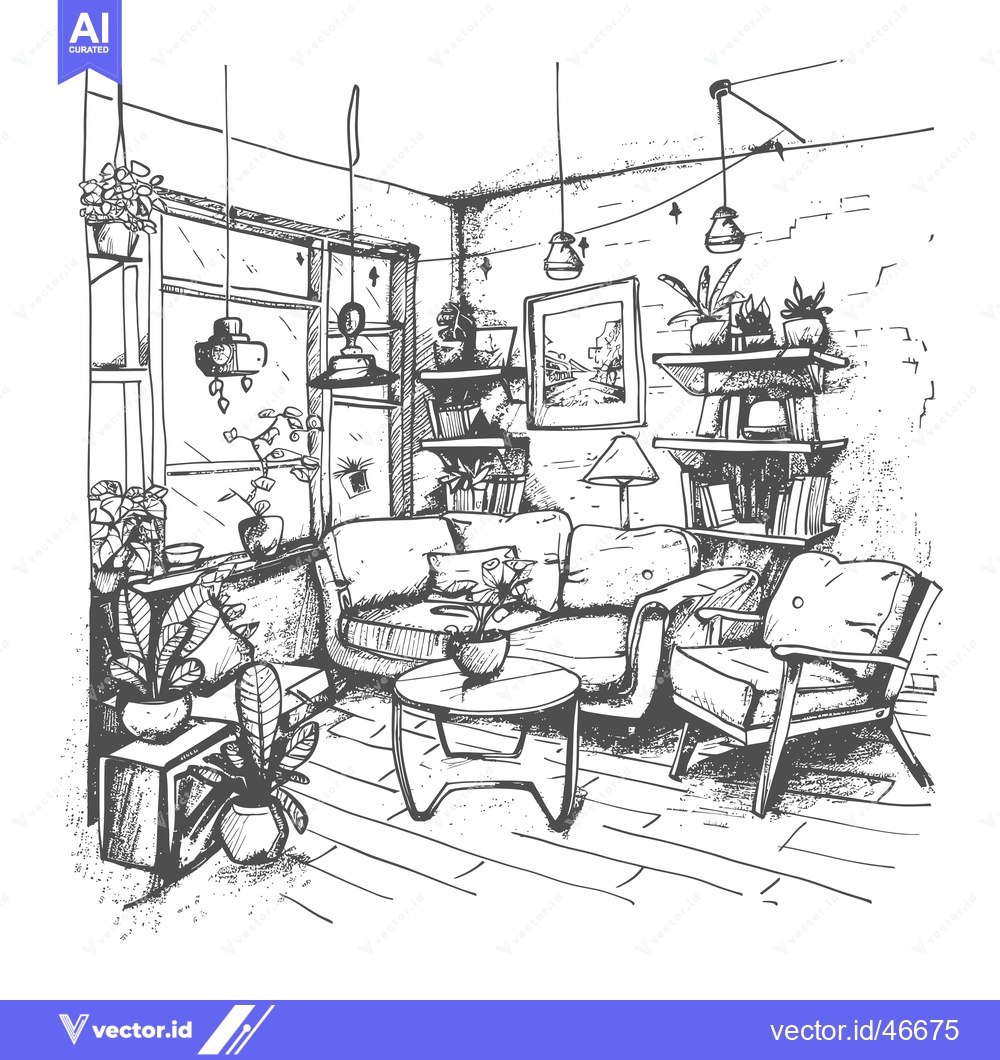 Premium Vector dari Hand-drawn Sketch of a Cozy Living Room with a Sofa, Armchair, Coffee
