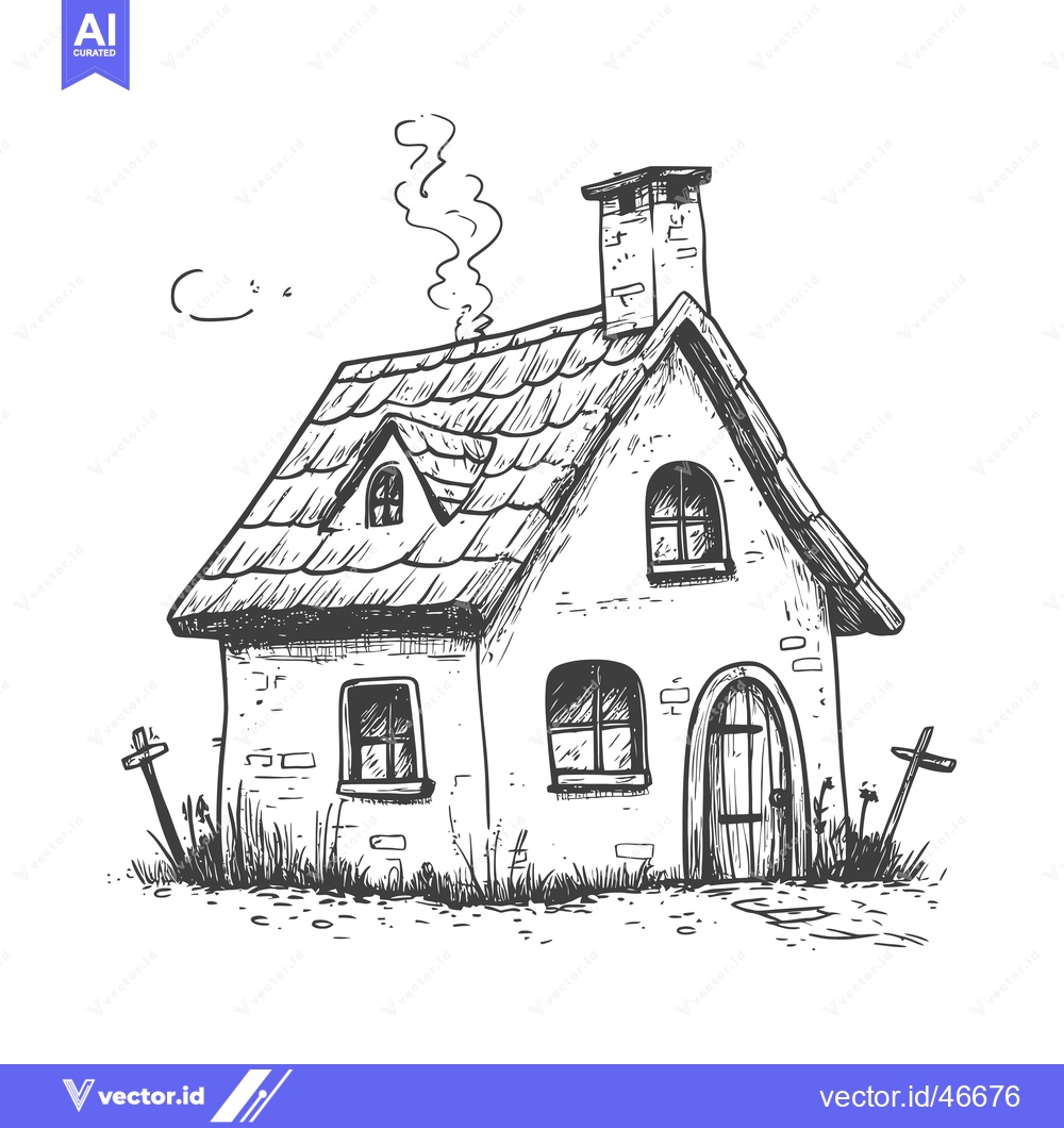 Premium Vector of Hand-Drawn Sketch of a Cozy Stone Cottage with a Chimney and Smoke