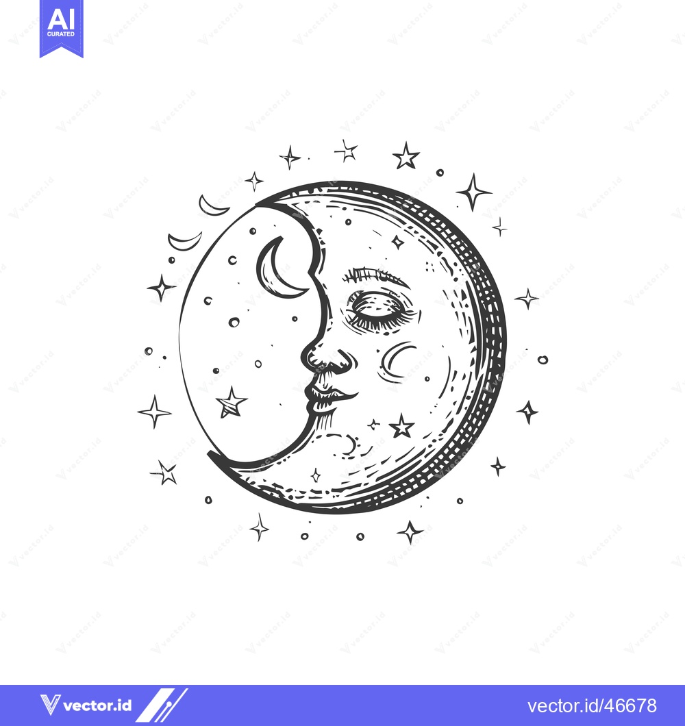 Premium Vector dari Hand-Drawn Sketch of a Crescent Moon with a Sleeping Face and Surround