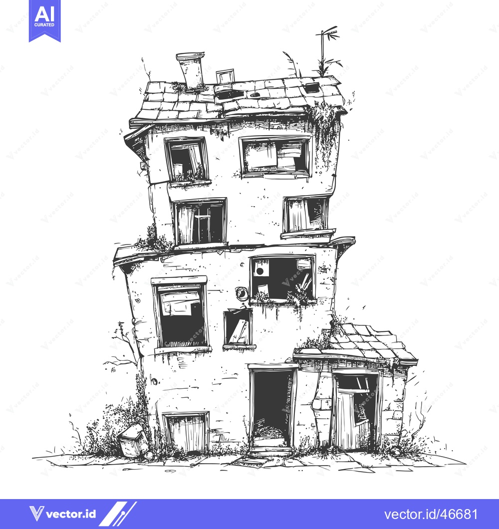 Premium Vector of Hand-Drawn Sketch of a Crumbling Three-Story Building with an Open Doo