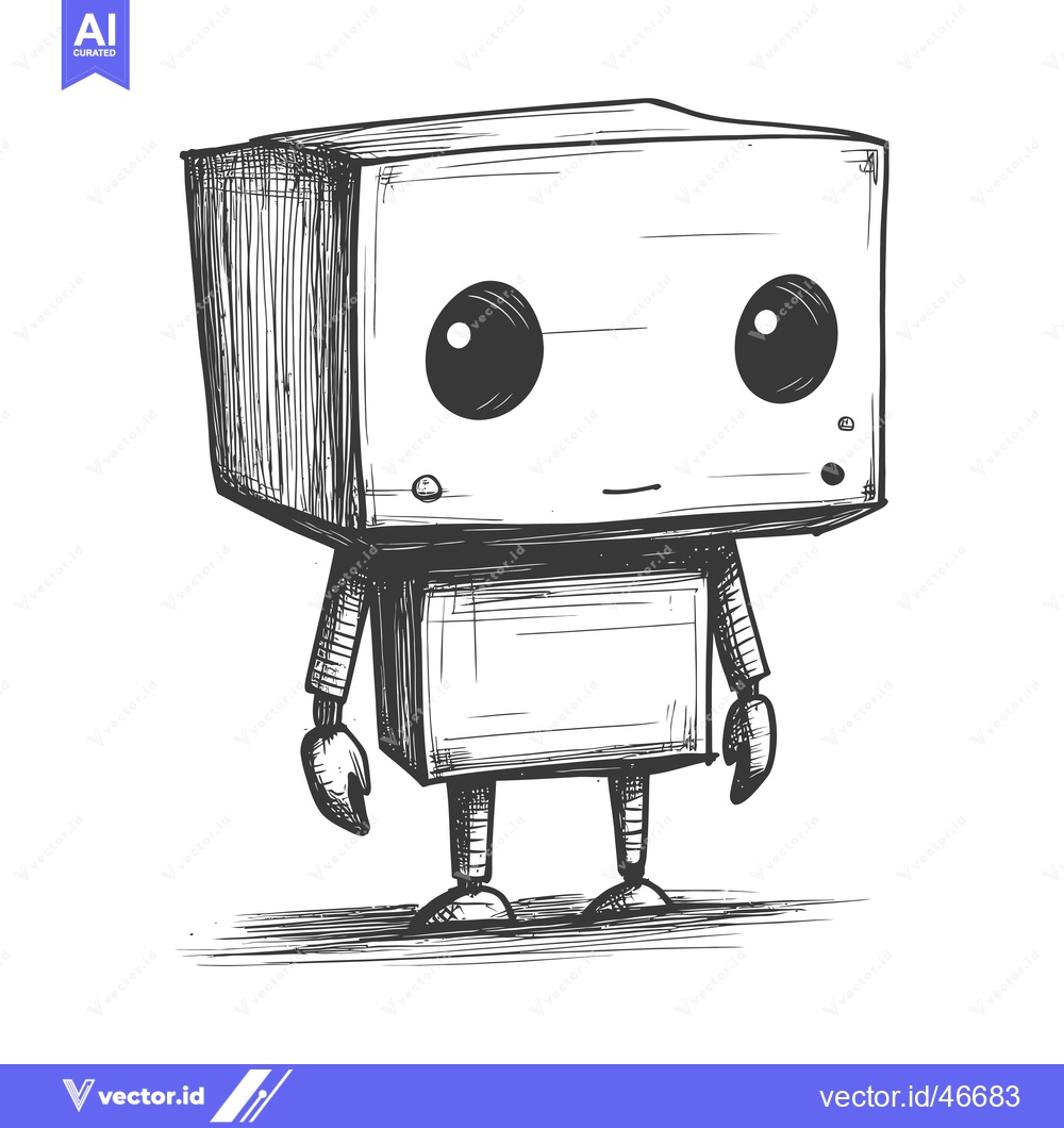 Premium Vector of Hand-Drawn Sketch of a Cube-Shaped Robot with Large Eyes