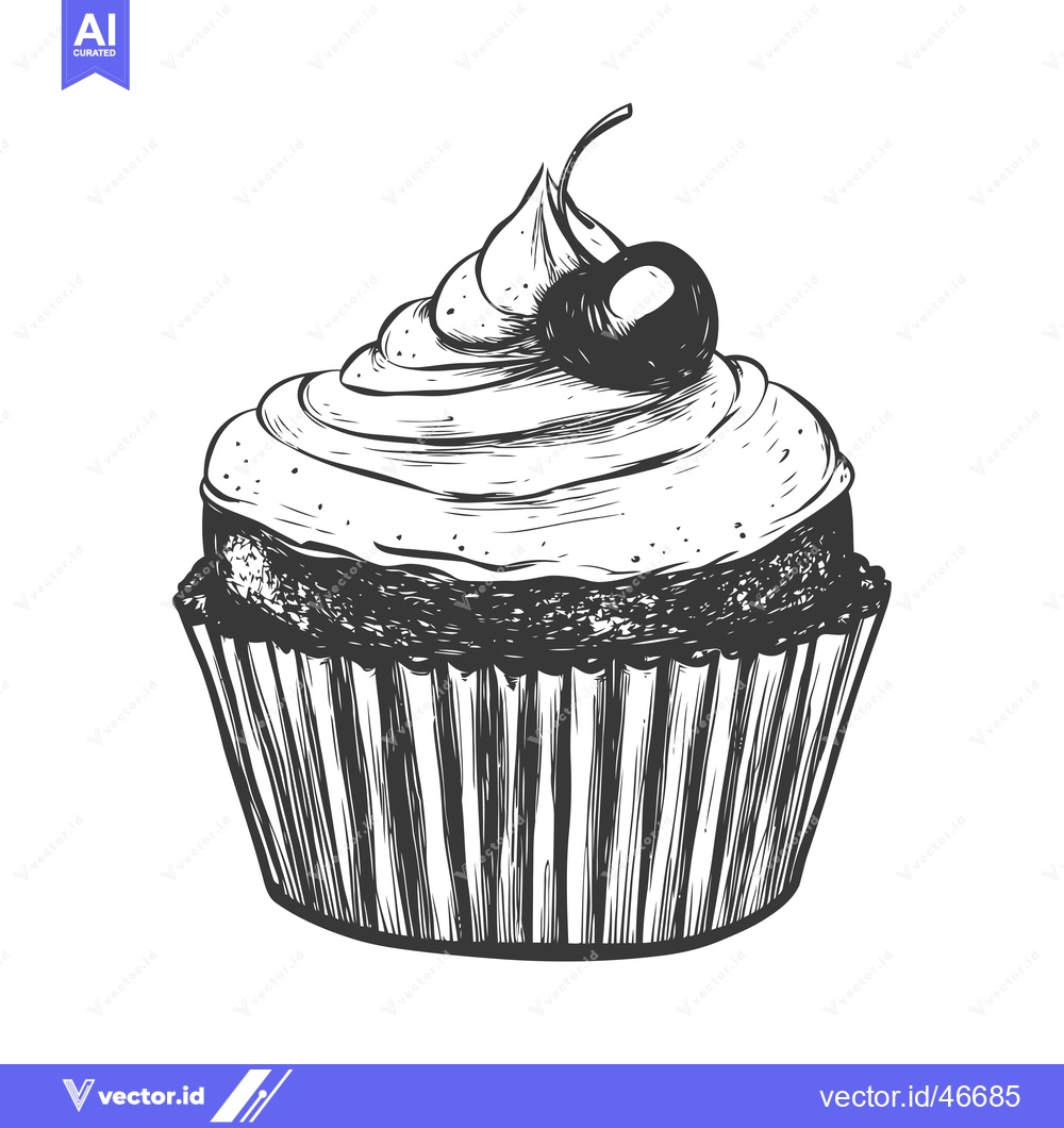 Premium Vector dari Hand-drawn sketch of a cupcake with whipped cream and cherry topping