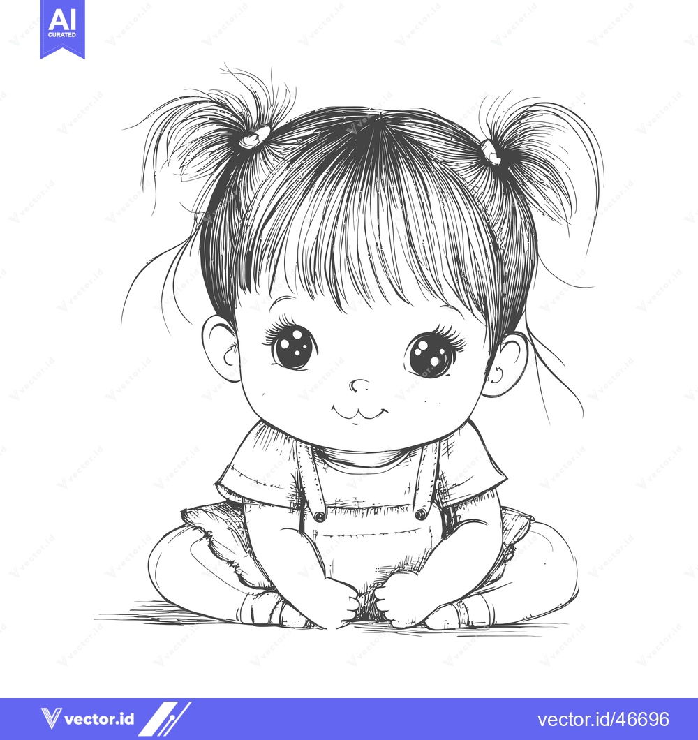 Premium Vector dari Hand-drawn sketch of a cute little girl with pigtails sitting on the f