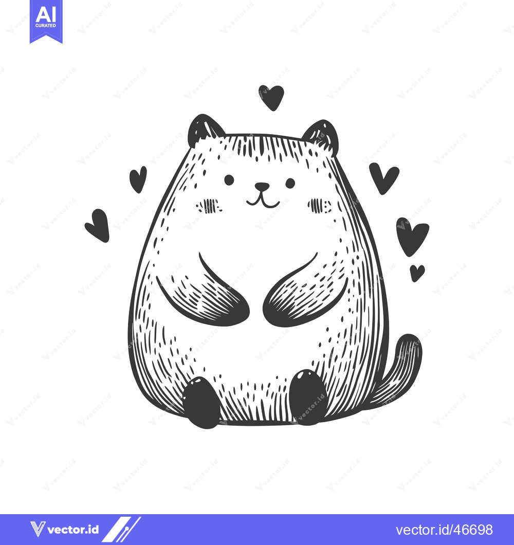 Premium Vector dari Hand-Drawn Sketch of a Cute, Round, Smiling Cat Surrounded by Hearts
