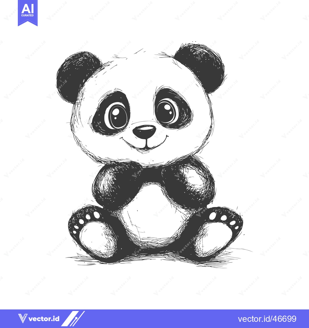 Premium Vector of Hand-Drawn Sketch of a Cute Sitting Panda Bear with Big Eyes and a Smi