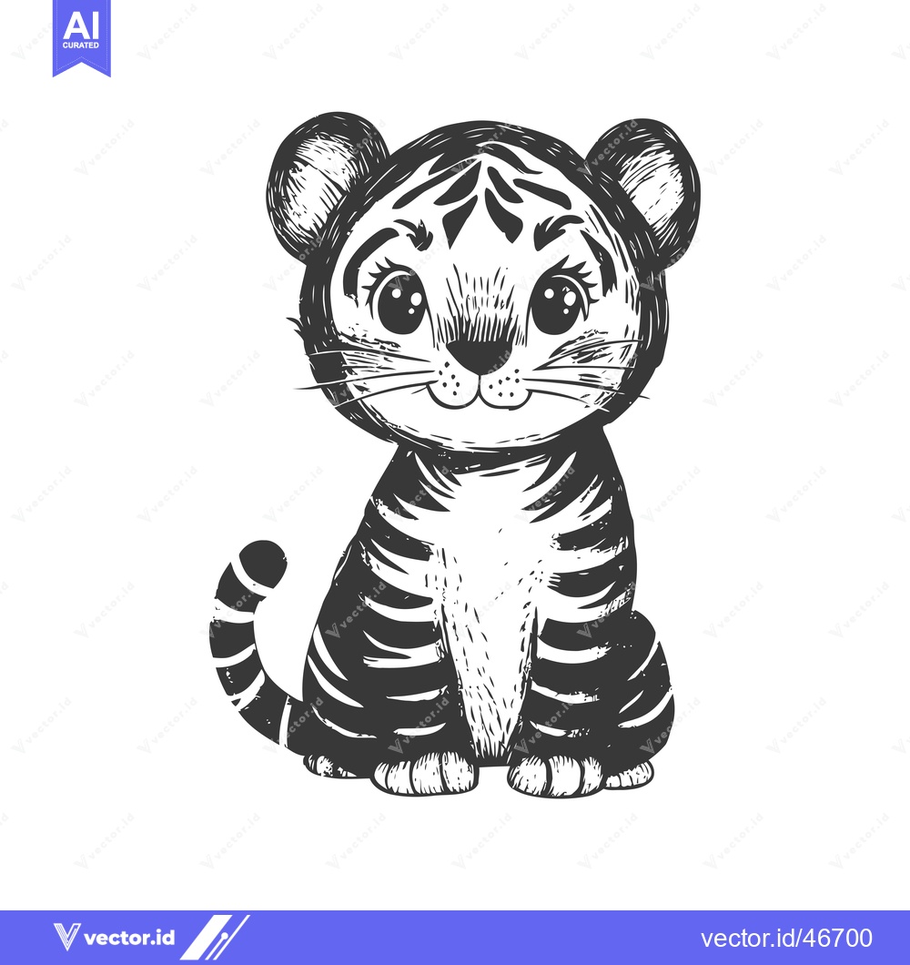 Premium Vector of Hand-Drawn Sketch of a Cute Sitting Tiger Cub with Big Eyes