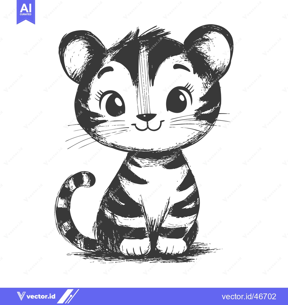 Premium Vector of Hand-drawn sketch of a cute, smiling, striped tiger cub