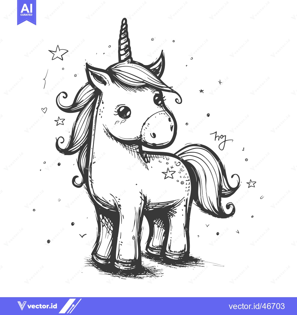 Premium Vector of Hand-drawn sketch of a cute unicorn with stars and hearts