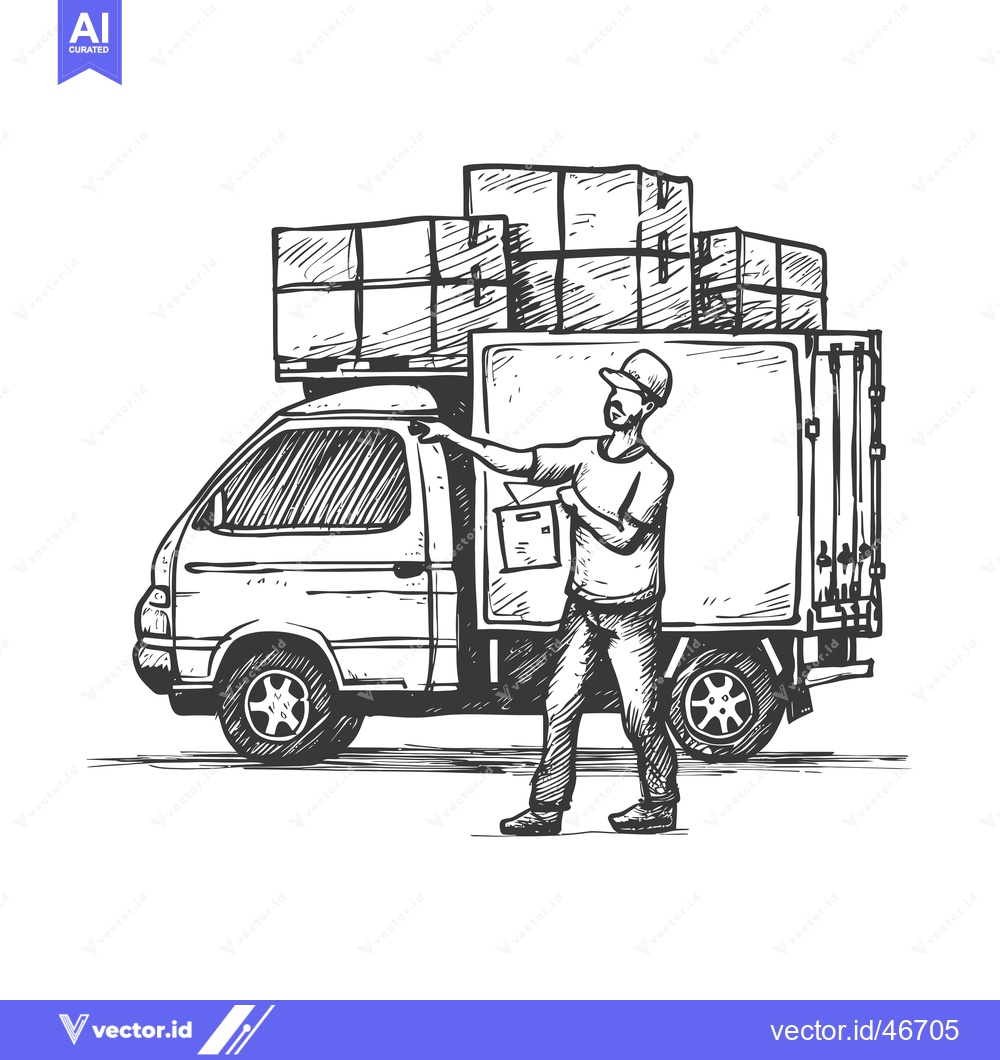 Premium Vector dari Hand-drawn sketch of a delivery truck driver standing next to his vehi